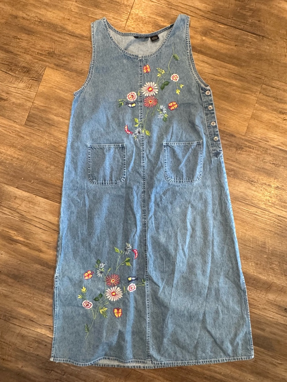 Vintage ASAP Floral Embroidered Denim Cotton Jumper Dress | Size L